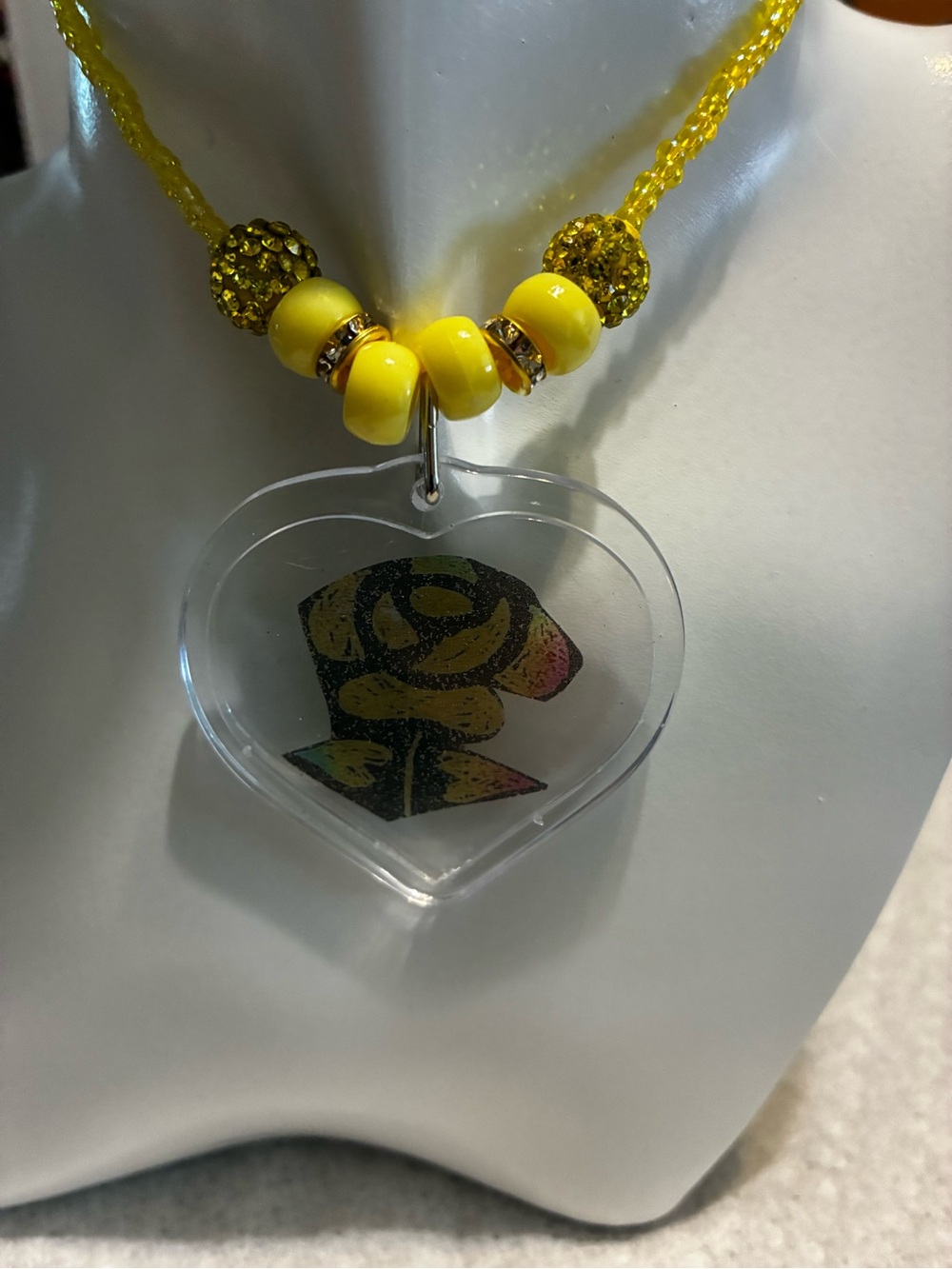 Yellow Beaded Heart Pendant Necklace with Rose Motif - Brand Unspecified